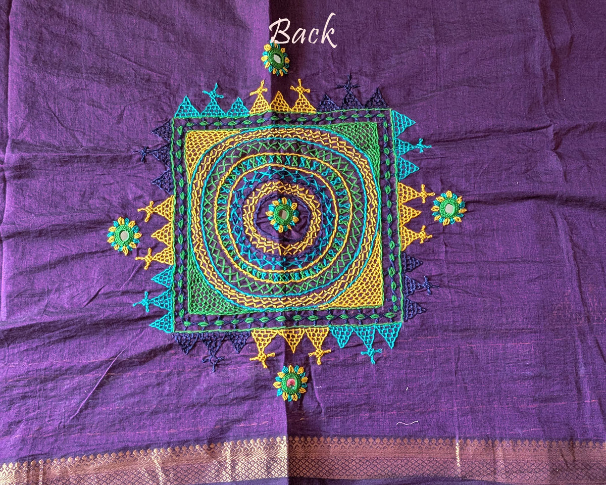 Purple Mangalgiri Cotton Lambani Embroidered Blouse Piece back with intricate hand embroidery