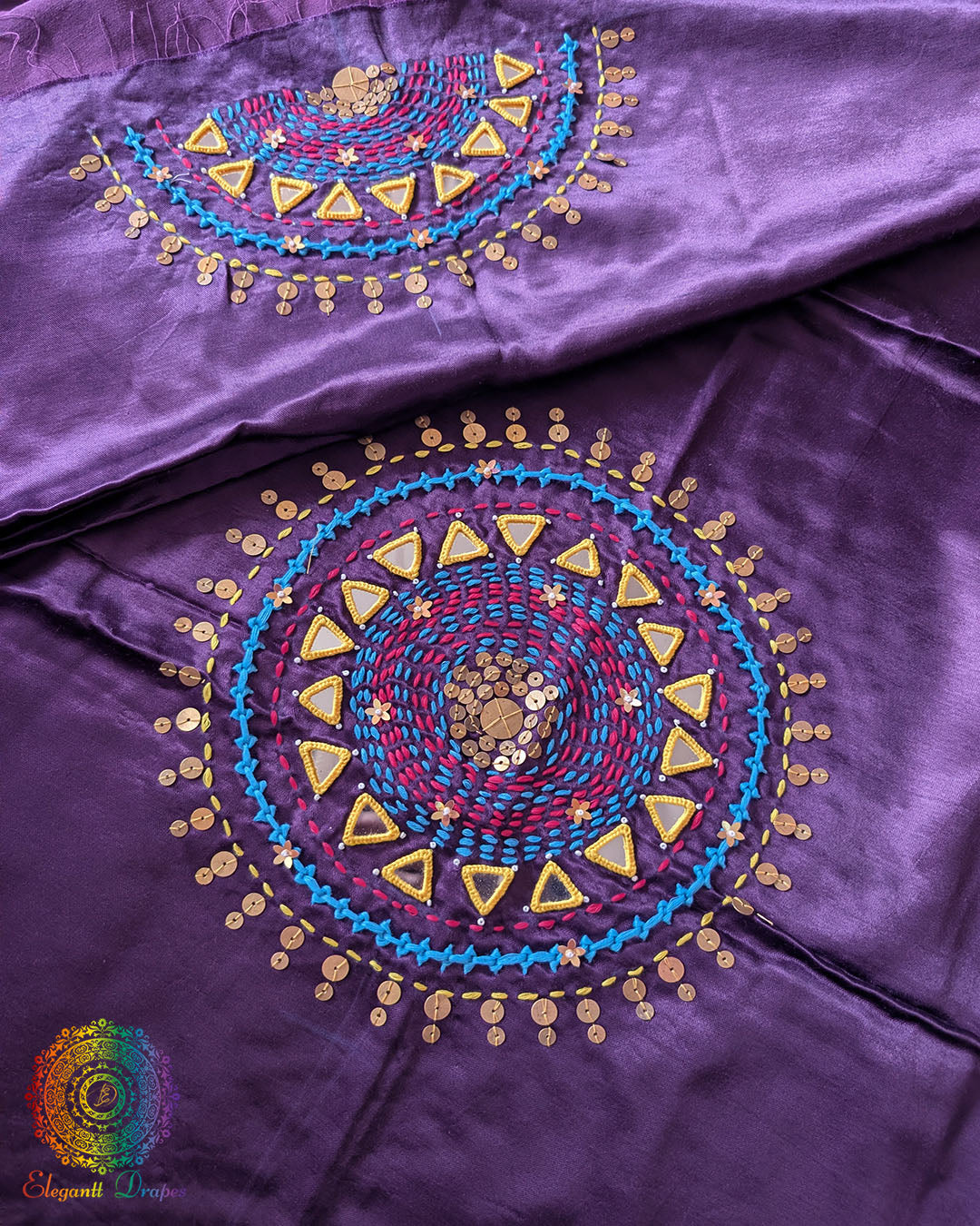 Purple Mashru Silk Kutch Handwork Blouse Front View with Mirror and Sequin Work