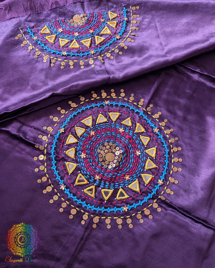 Purple Mashru Silk Kutch Handwork Blouse Front View with Mirror and Sequin Work