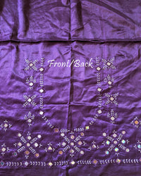 Front view of deep purple Mashru silk blouse piece showcasing intricate Kutch mirror work