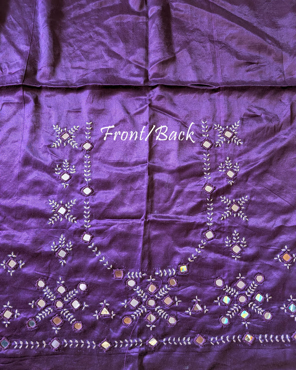 Front view of deep purple Mashru silk blouse piece showcasing intricate Kutch mirror work