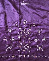 Sleeve detail of deep purple Mashru silk blouse piece featuring traditional Kutch mirror work