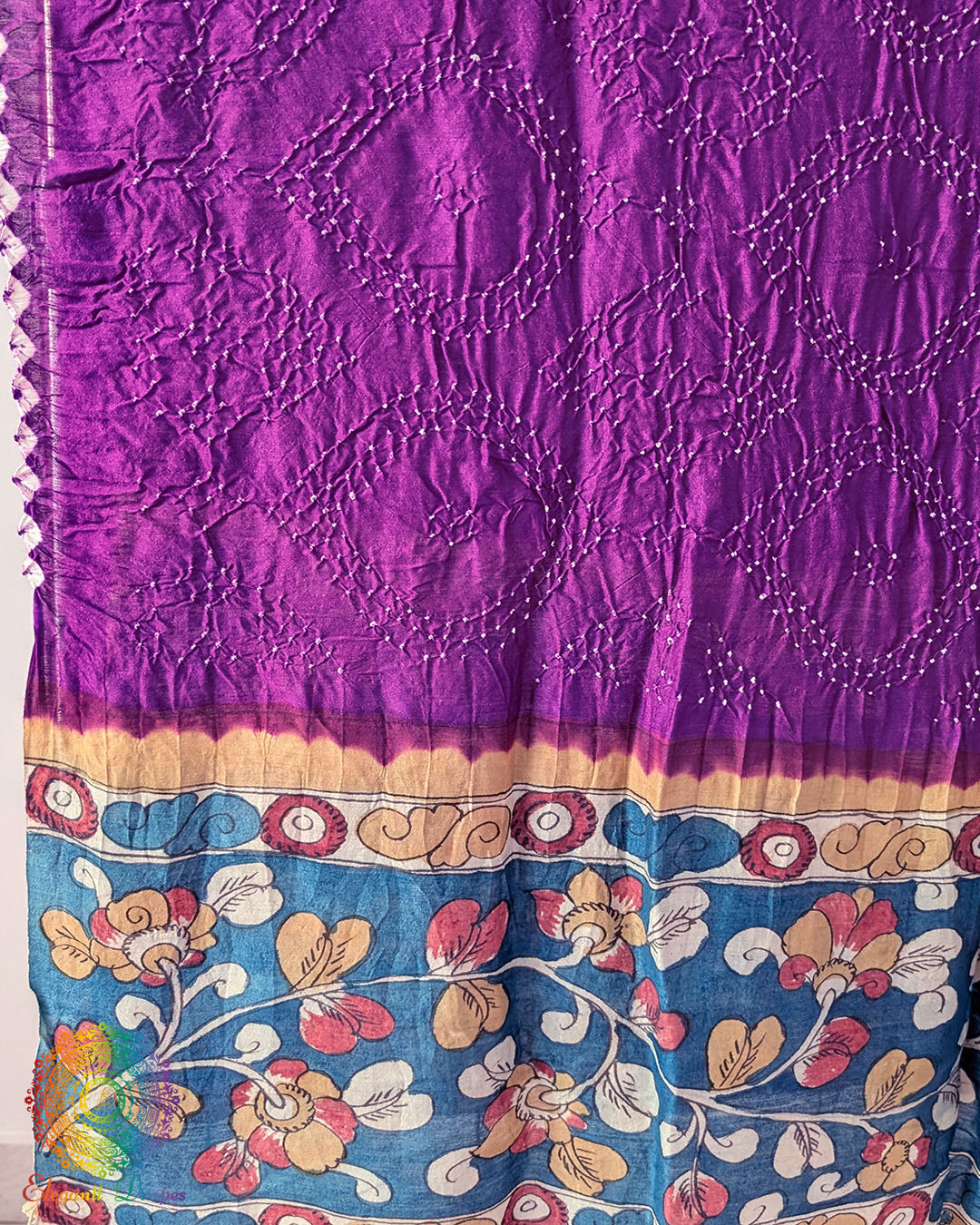 Detailed Bandhani pattern on the Purple Muga Silk Dupatta