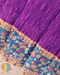 Close-up of the hand-painted Kalamkari floral border on the Purple Muga Silk Dupatta