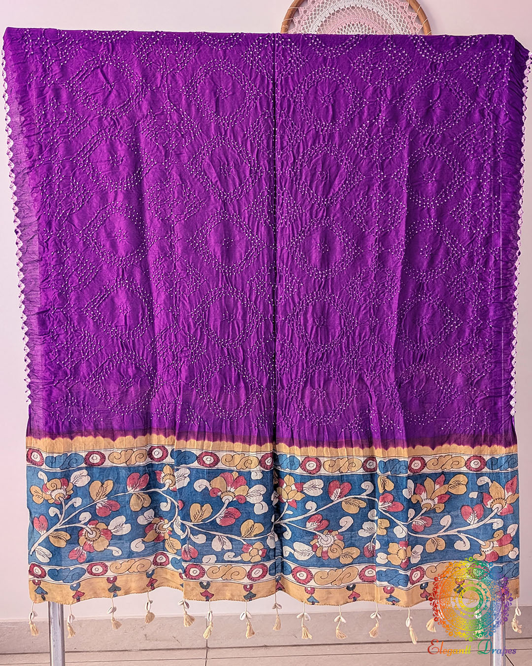 Purple Muga Silk Dupatta with Bandhani body and hand-painted Kalamkari border