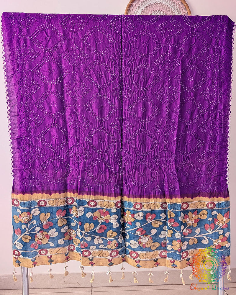 Purple Muga Silk Dupatta with Bandhani body and hand-painted Kalamkari border