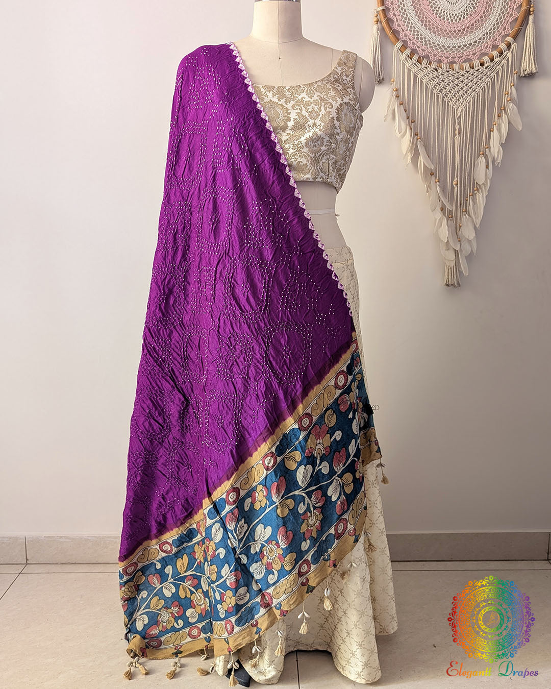 Purple Bandhani Kalamkari Muga Silk Dupatta full draped view