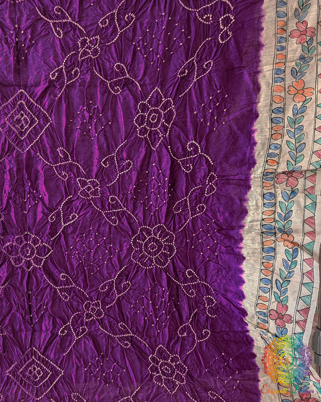 Detailed Bandhani pattern on the Purple Muga Silk Dupatta
