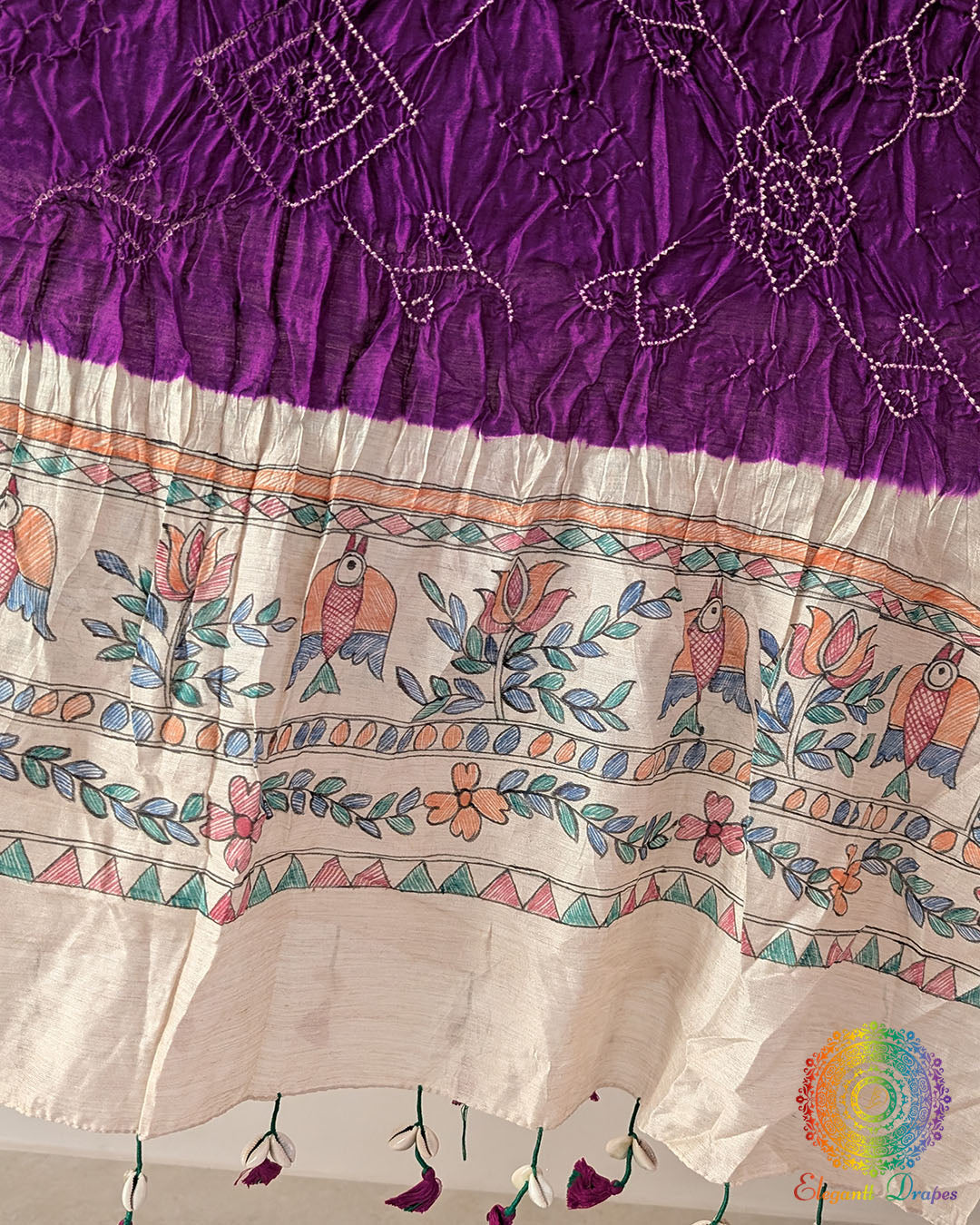 Close-up of the hand-painted Madhubani artwork on the Purple Muga Silk Dupatta