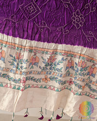 Close-up of the hand-painted Madhubani artwork on the Purple Muga Silk Dupatta