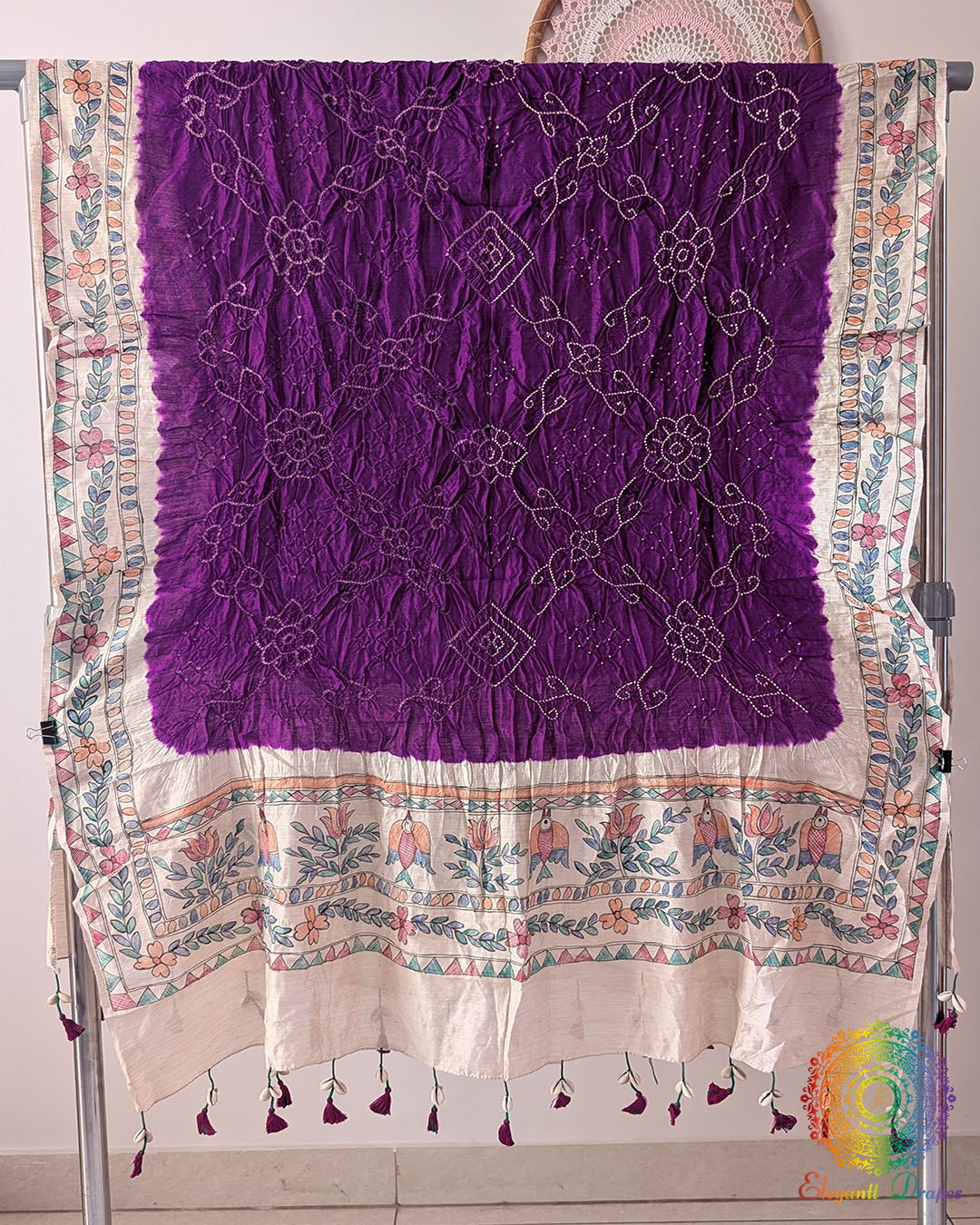 Purple Muga Silk Dupatta with Bandhani body and hand-painted Madhubani border