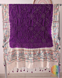 Purple Muga Silk Dupatta with Bandhani body and hand-painted Madhubani border