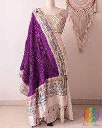 Purple Bandhani Madhubani Muga Silk Dupatta full draped view