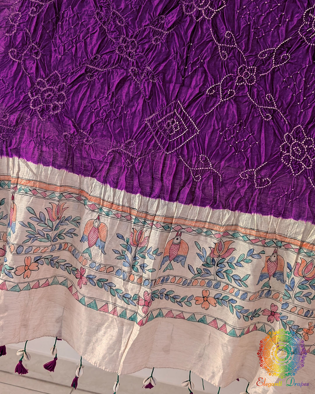 Purple Bandhani Madhubani Muga Silk Dupatta for festive and traditional wear