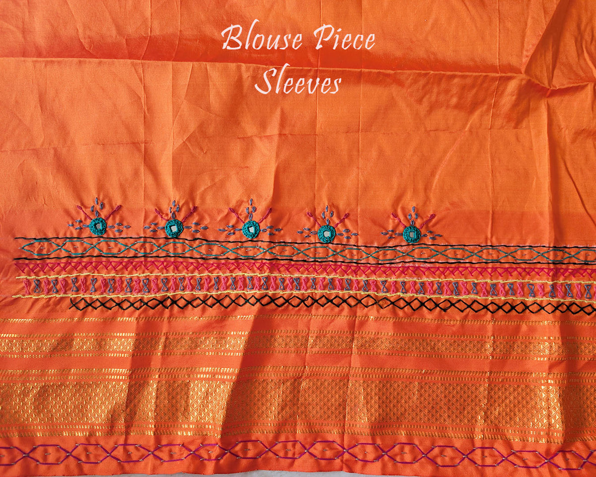 Blouse sleeve detail with Lambani embroidery on matching silk fabric
