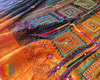Blue Lambani embroidered Ilkal silk saree full layout view with orange accents