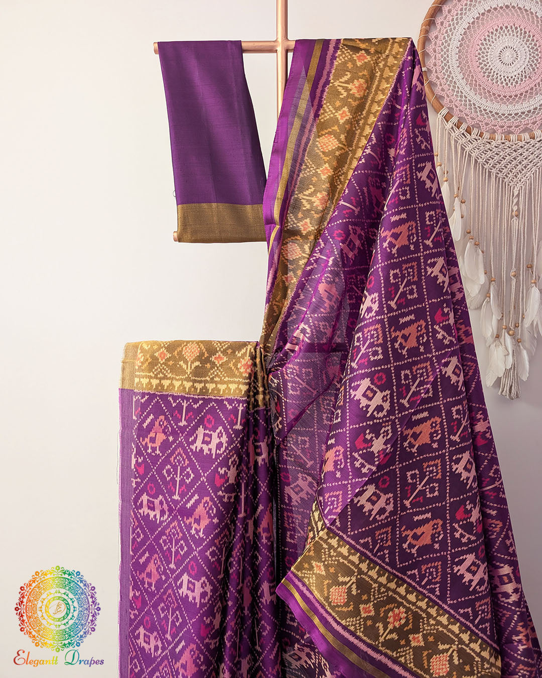 Purple pure mulberry silk Rajkot Patola saree close up