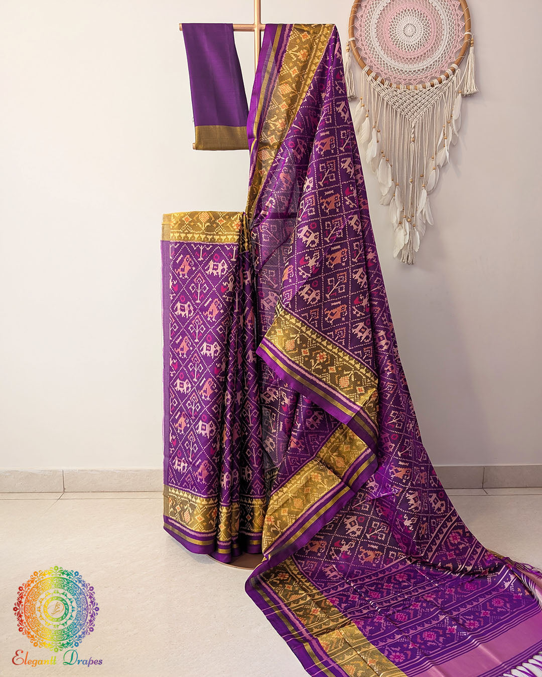 Purple pure mulberry silk Rajkot Patola saree drape view