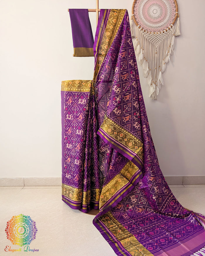 Purple pure mulberry silk Rajkot Patola saree drape view