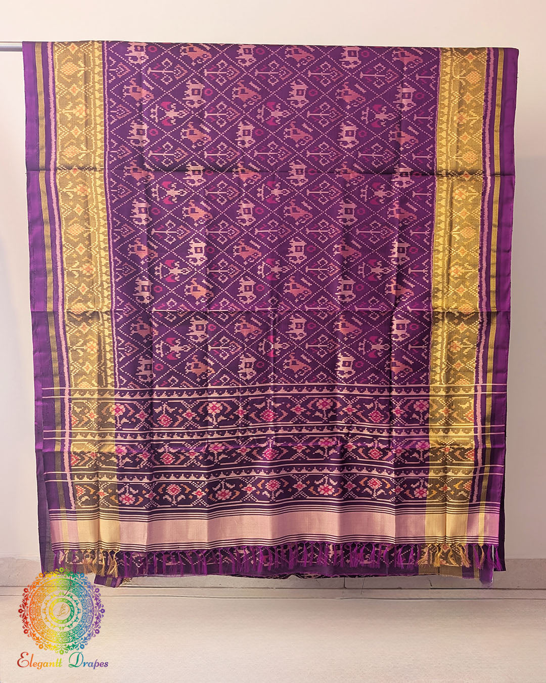 Purple pure mulberry silk Rajkot Patola saree open view
