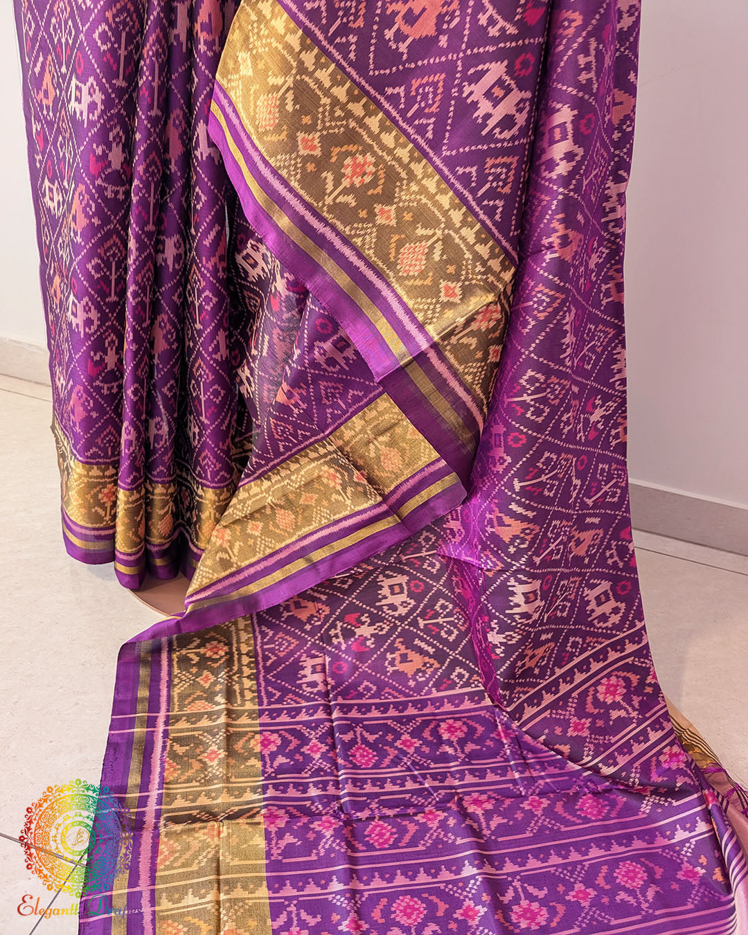 Purple pure mulberry silk Rajkot Patola saree palla