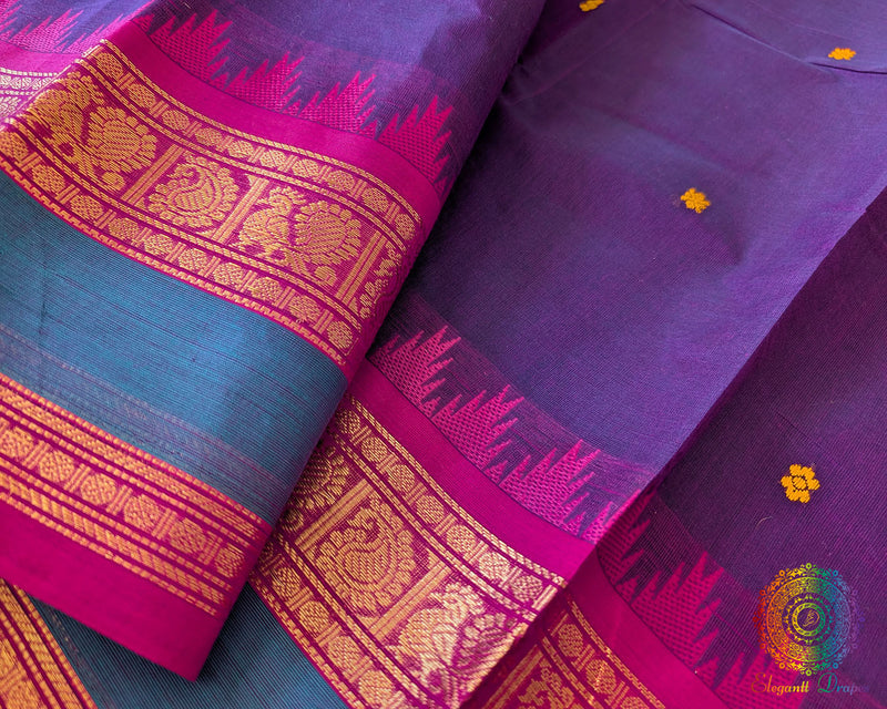 Pink border close up on purple Kanchi cotton saree highlighting weave detail