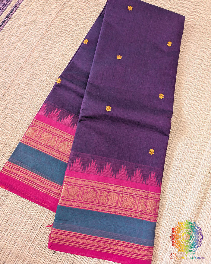 Purple Kanchi cotton saree folded view showing pink contrast border