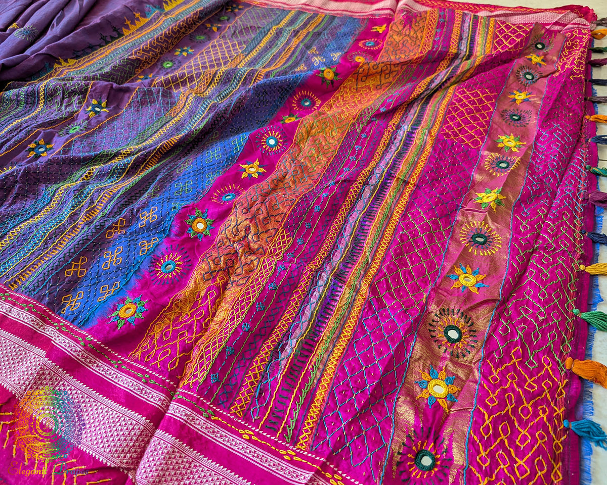 Purple Ilkal cotton saree showcasing approximately 1-meter heavy Lambani handwork on the palla