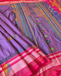 Full view of purple Ilkal cotton saree showcasing Lambani hand embroidery and elegant fall