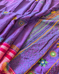 Purple Ilkal cotton saree with all-over Lambani handwork and heavily embroidered palla