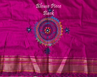 Blouse back view for the Purple Pure Ilkal Silk Saree with Lambani Hand Embroidery, highlighting the coordinating purple fabric and decorative embroidery.