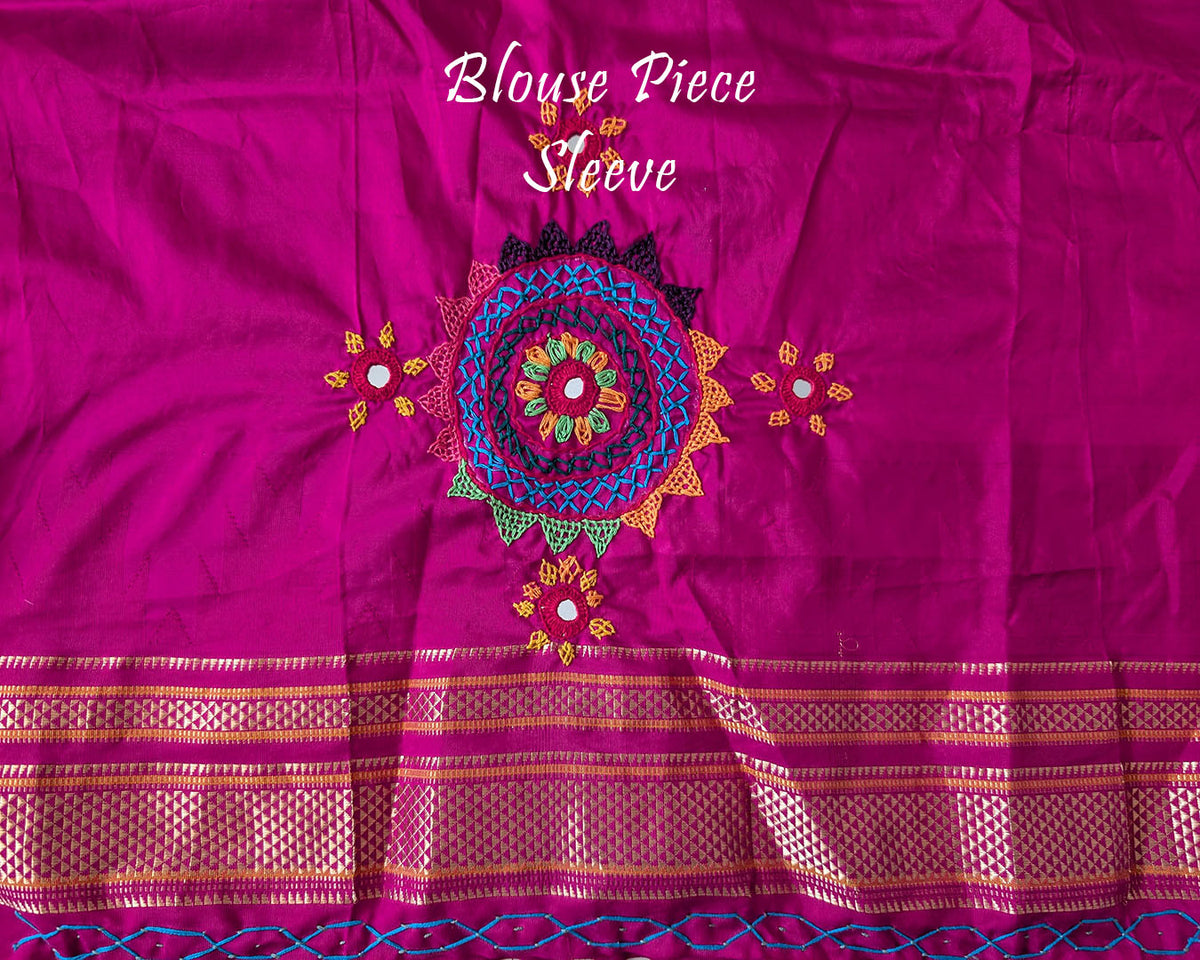 Blouse sleeve detail for the Purple Pure Ilkal Silk Saree with Lambani Hand Embroidery, showcasing the traditional threadwork and handcrafted embellishments.