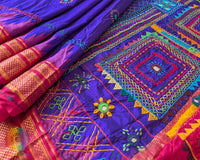 Purple Pure Ilkal Silk Saree featuring a detailed view of the palla, highlighting the traditional Lambani hand embroidery and decorative threadwork.