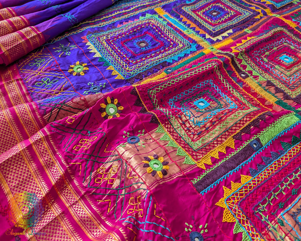 Detailed view of the Purple Pure Ilkal Silk Saree highlighting the Lambani embroidery against the rich purple silk fabric, showcasing the artistry of traditional Indian handwork.