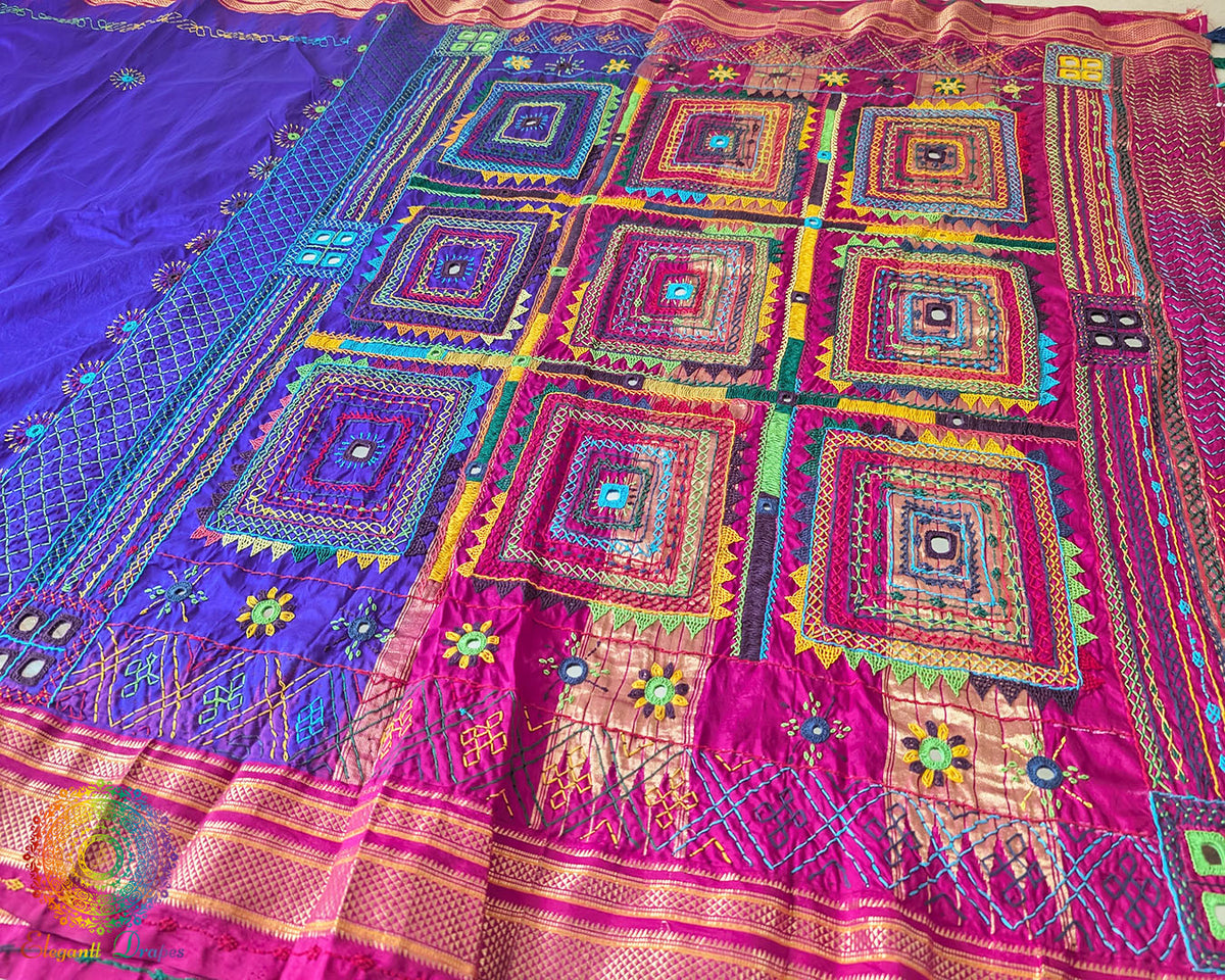 Full view of the Purple Pure Ilkal Silk Saree with Lambani Hand Embroidery, showcasing its rich colour, traditional handloom character and colourful handcrafted detailing.