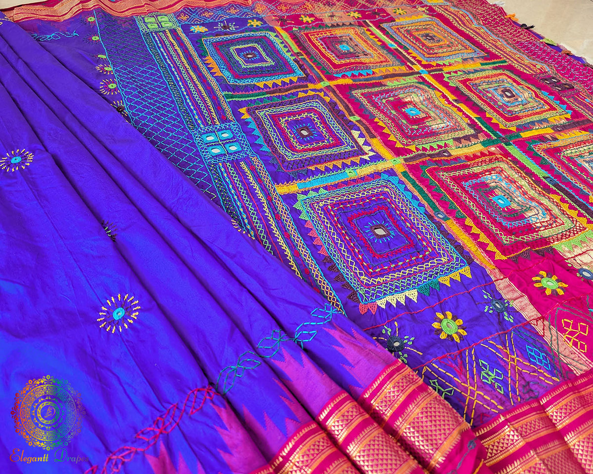 Full view of the Purple Pure Ilkal Silk Saree with Lambani Hand Embroidery, showcasing its rich colour, traditional handloom character and colourful handcrafted detailing.