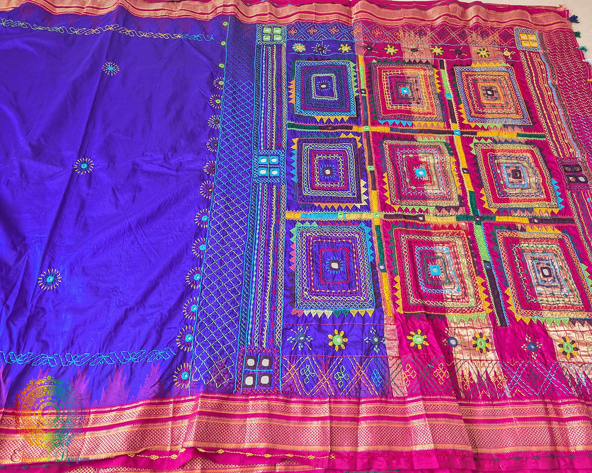 Detailed view of the Purple Pure Ilkal Silk Saree palla and border, showcasing the colourful Lambani hand embroidery and distinctive traditional design.