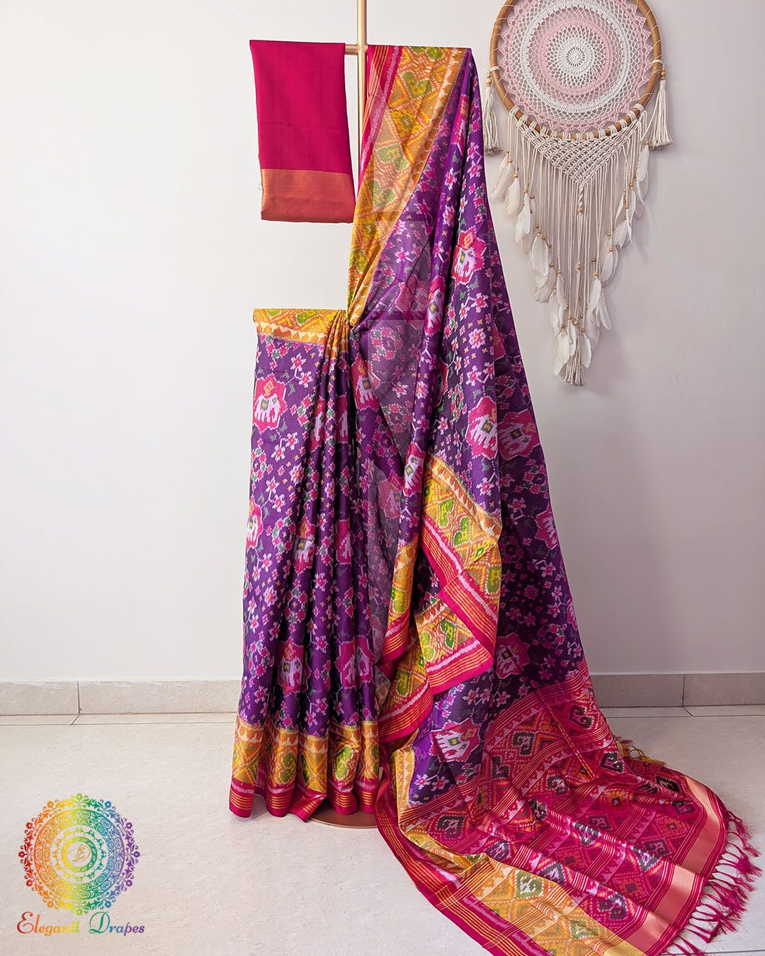 Purple pure mulberry silk Rajkot Patola saree drape view