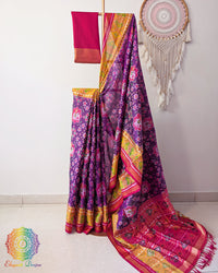 Purple pure mulberry silk Rajkot Patola saree drape view