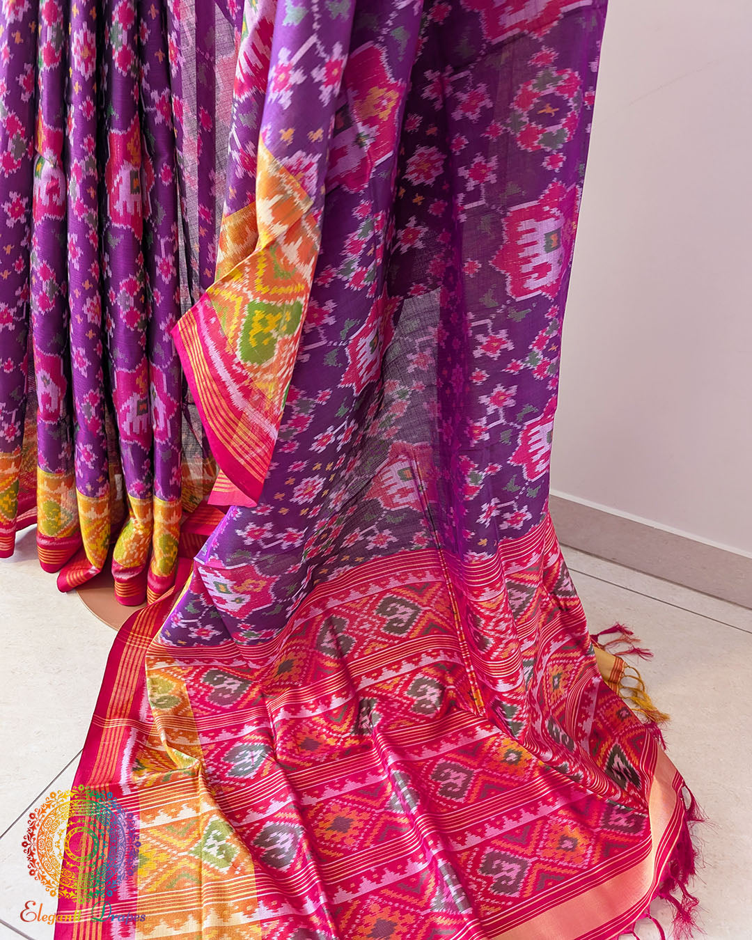 Purple pure mulberry silk Rajkot Patola saree palla