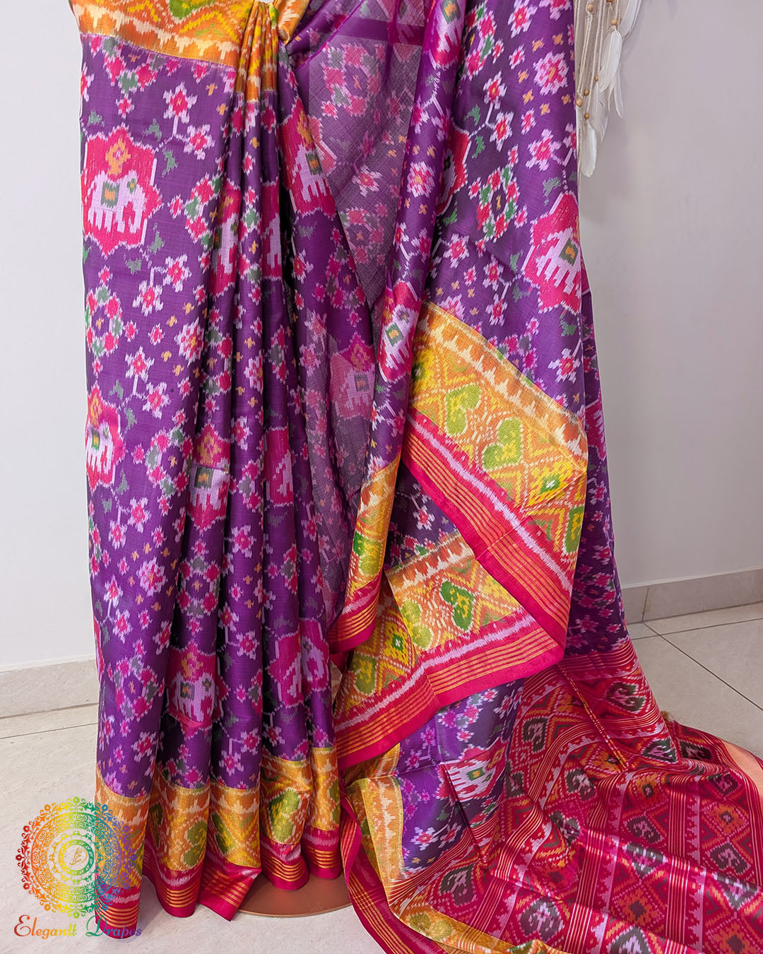 Purple pure mulberry silk Rajkot Patola saree pleats