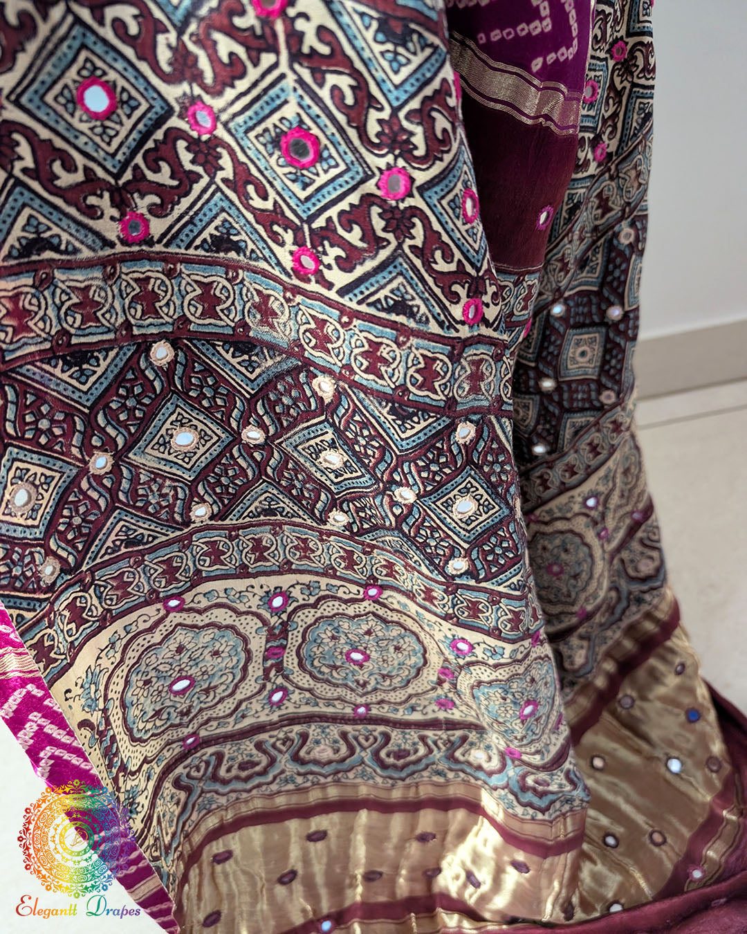Close-up of Ajrakh Block Print with Hand-Stitched Real Mirrors on Purple Gajji Silk Saree Palla