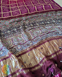 Close-up of Ajrakh Print and Mirror Handwork on Purple Gajji Silk Bandhani Saree