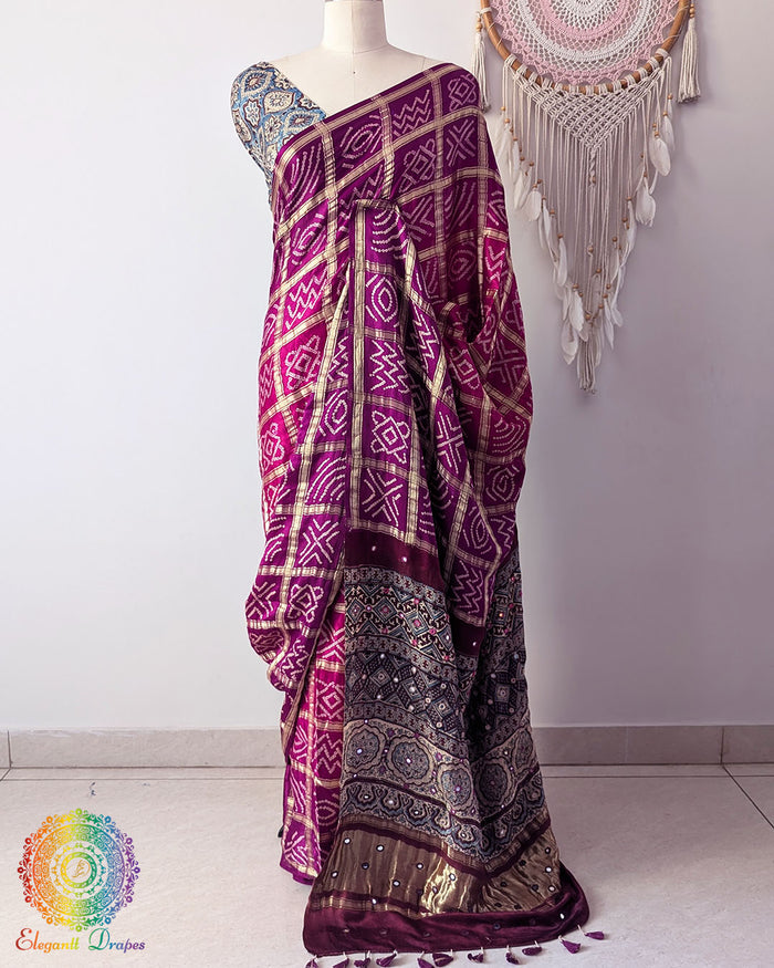 Purple Shaded Gharchola Pure Gajji Silk Bandhani Saree Palla with Ajrakh Mirror Handwork