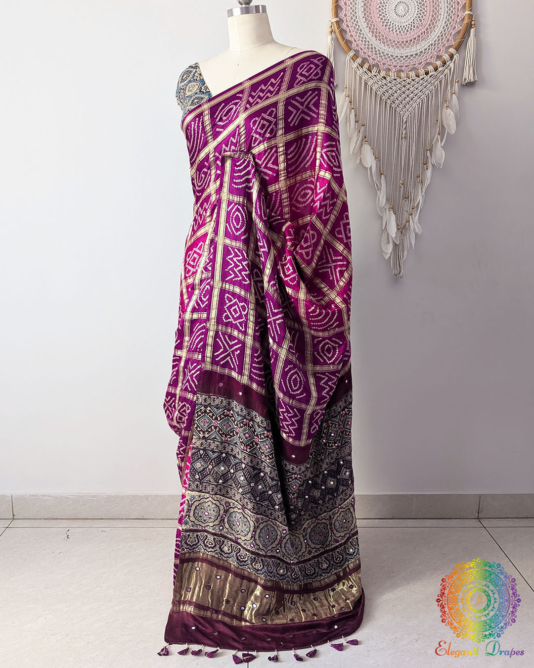 Purple Shaded Gharchola Pure Gajji Silk Bandhani Saree Side View