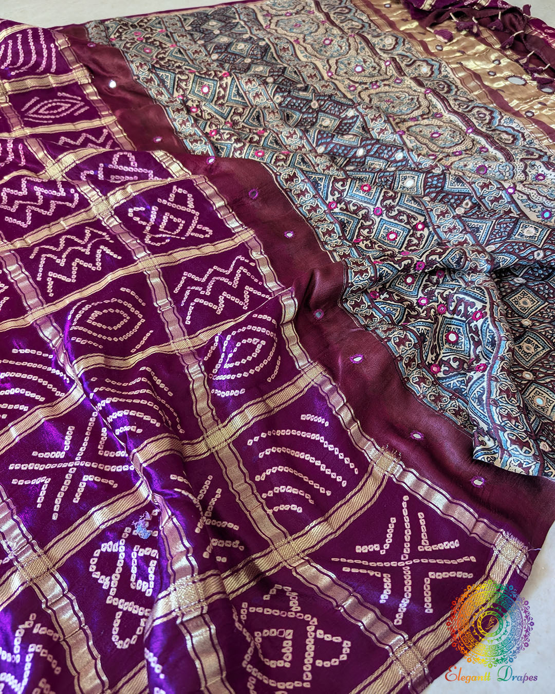 Purple Shaded Gharchola Pure Gajji Silk Bandhani Saree with Ajrakh Mirror Handwork Palla