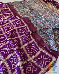 Purple Shaded Gharchola Pure Gajji Silk Bandhani Saree with Ajrakh Mirror Handwork Palla