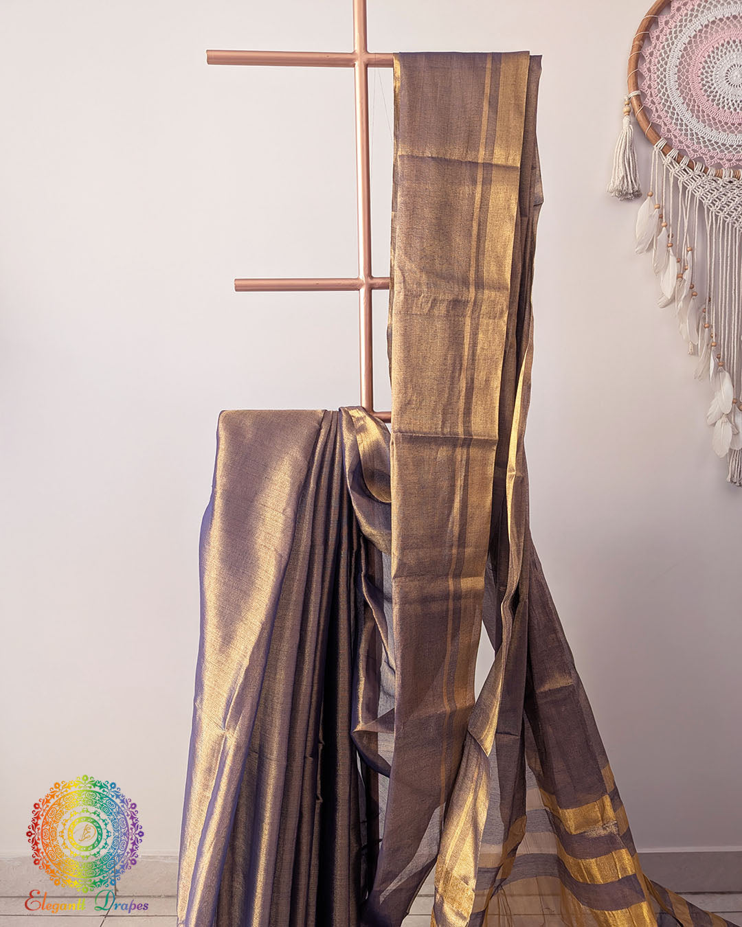 Purple Bengal tissue linen saree close up