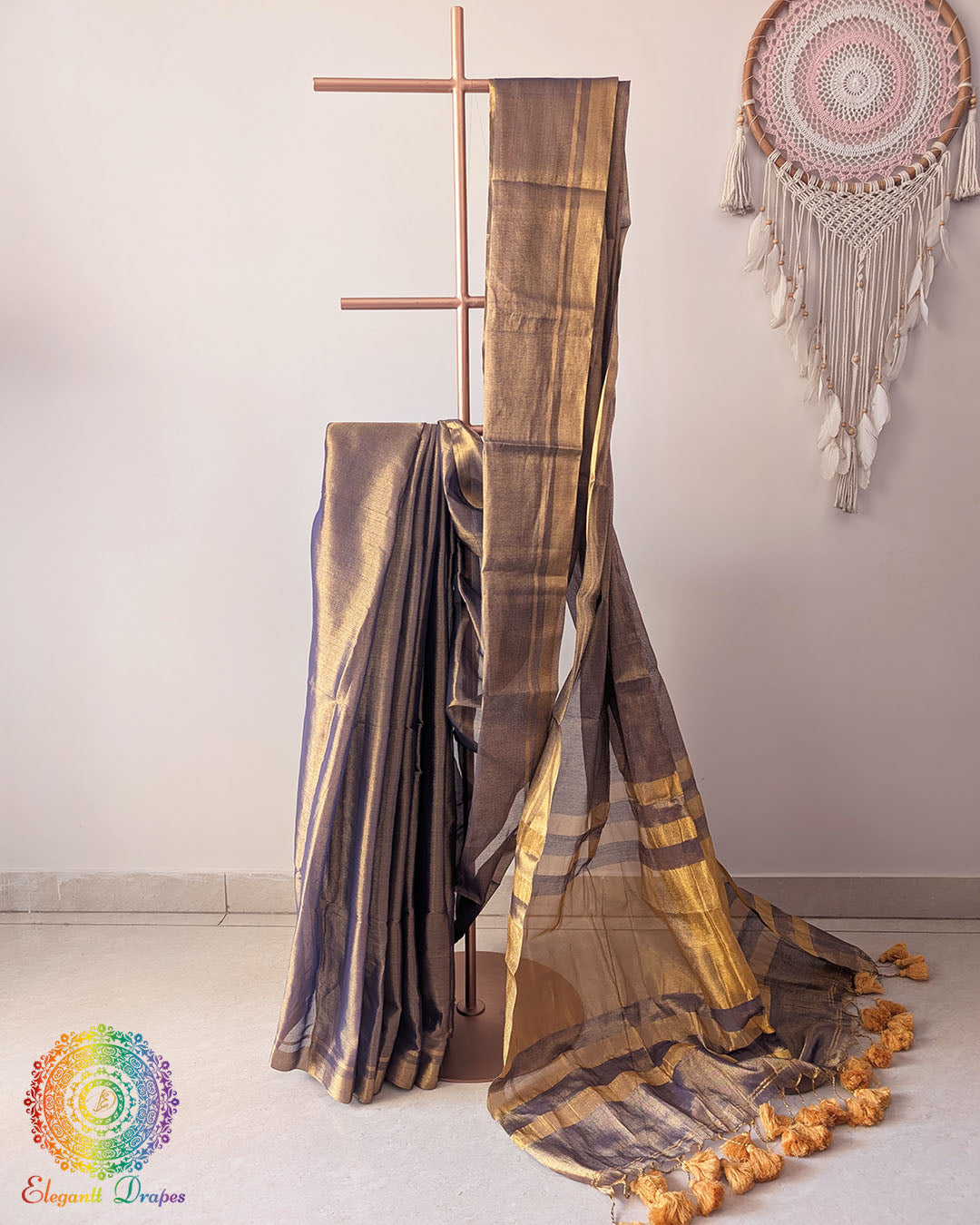 Purple Bengal tissue linen saree drape view