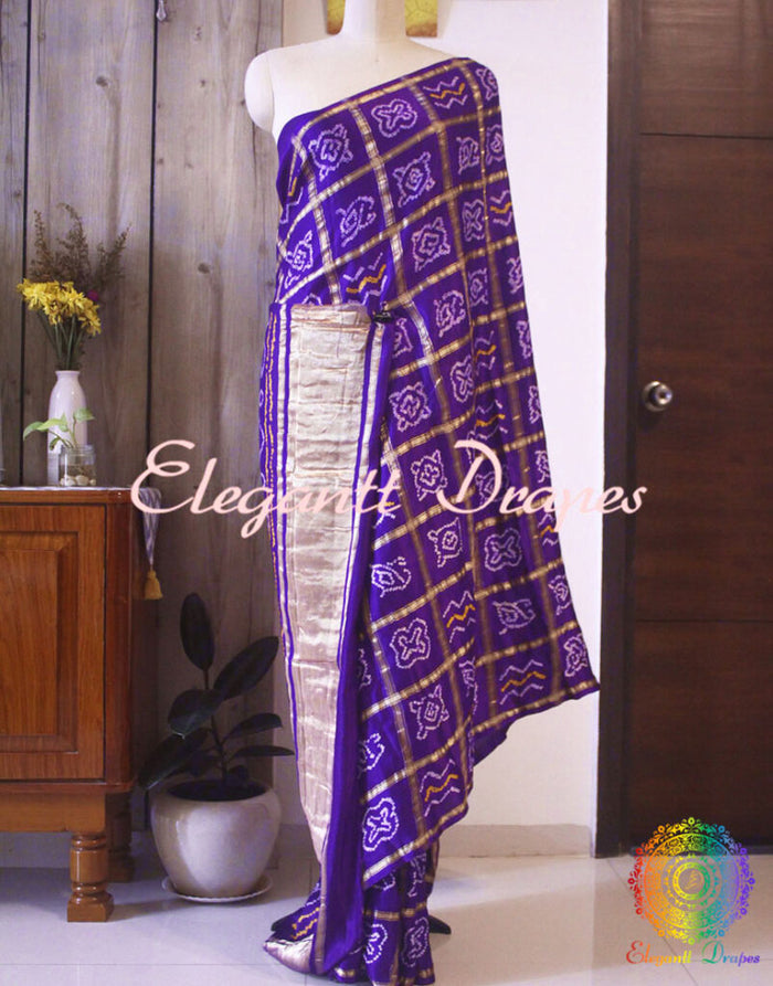Close up of Bandhani work on Purple Gajji silk Gharchola saree